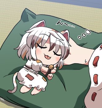 2girls :3 animal_ears barefoot bell blush calico_(pattern) cat_ears cat_girl cat_tail chibi closed_eyes closed_mouth commentary_request goutokuji_mike hakurei_reimu hand_on_another&#039;s_head highres jingle_bell long_sleeves lying multicolored_hair multiple_girls on_pillow on_side patch ribbon-trimmed_sleeves ribbon_trim rokugou_daisuke shirt short_hair short_sleeves signature skirt skirt_set sleeping solo_focus squeans streaked_hair sweatdrop tail tongue tongue_out touhou white_hair white_shirt white_skirt wide_sleeves