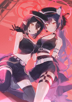 2girls absurdres animal_ear_fluff animal_ears ayane_(blue_archive) ayane_(idol)_(blue_archive) belt belt_around_waist belt_collar black_gloves black_hair black_shorts black_thighhighs black_vest blue_archive breasts cat_ears cat_girl choker cleavage closed_mouth collar commentary eshineko extra_ears eyewear_hang gloves hair_between_eyes halo hat hidden_camera highres idol_clothes kneeling large_breasts long_hair looking_at_viewer medium_breasts midriff multiple_girls no_eyewear o-ring o-ring_choker o-ring_thigh_strap official_alternate_costume official_alternate_hairstyle peaked_cap pink_halo pointy_ears ponytail red-framed_eyewear red_eyes red_halo screen serika_(blue_archive) serika_(idol)_(blue_archive) short_shorts shorts stage sweat symbol-only_commentary thigh_strap thighhighs thighs unworn_eyewear very_long_hair vest white_belt yellow_eyes