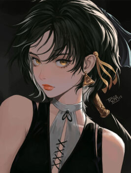 1girl bare_shoulders black_hair breasts closed_mouth colored_inner_hair cross-laced_clothes earrings female_rover_(wuthering_waves) hair_ribbon hashtag-only_commentary iricity jewelry looking_at_viewer makeup multicolored_hair portrait red_lips ribbon rover_(wuthering_waves) signature solo triangle_earrings wuthering_waves yellow_eyes yellow_ribbon