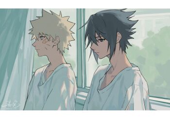 2boys bandaid bandaid_on_cheek bandaid_on_face black_eyes black_hair blonde_hair blue_eyes border closed_mouth facial_mark hair_between_eyes haruiro_(hrm_ino) hashtag-only_commentary highres letterboxed male_focus multiple_boys naruto_(series) shirt short_hair spiked_hair uchiha_sasuke upper_body uzumaki_naruto whisker_markings white_border white_shirt