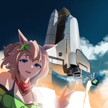 1girl american_flag animal_ears armband bandana bandana_around_neck bandeau bare_shoulders blue_eyes brand_name_imitation breasts brown_hair cleavage commentary green_armband green_bandeau hair_ornament helmet highres horse_ears horse_girl kerbal kerbal_space_program large_breasts launch_vehicle long_hair looking_at_viewer nasa open_mouth outdoors ponytail red_bandana smile space_helmet space_shuttle spacecraft spacesuit star_(symbol) star_hair_ornament taiki_shuttle_(umamusume) taiki_shuttle_(wild_frontier)_(umamusume) teeth toyeeta_prius umamusume upper_teeth_only v