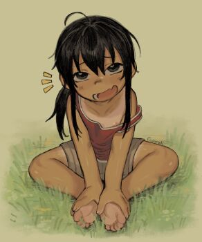 1boy artist_name bare_arms bare_shoulders barefoot black_eyes black_hair brown_shorts butterfly_sitting collarbone dark-skinned_male dark_skin fang feet girly_boy grass green_background hands_on_own_feet highres ichihashi_kei inaka_ni_kaeru_to_yakeni_natsuita_kasshoku_ponytail_shota_ga_iru knees_apart_feet_together long_hair looking_at_viewer male_focus nipples off-shoulder_shirt off_shoulder on_grass open_mouth ponytail red_shirt shirt short_shorts shorts shota sidelocks signature sitting skin_fang smile snugglepuff28 soles solo tan tank_top tanline toes trap