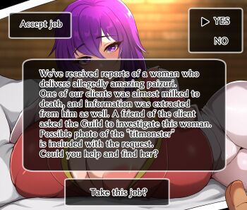 1boy 1girl arc_the_lad areola_slip bed bed_sheet breasts cleavage clothes_pull english_text eye_contact female_focus gigantic_breasts head_rest highres holding huge_breasts japanese_clothes kimono kukuru_(arc_the_lad) large_areolae lips lipstick looking_at_another looking_at_viewer lying makeup mature_female miko on_side paizuri_invitation photo_(object) pillow pov purple_eyes purple_hair robe short_hair smile text_box thick_thighs thighs translated wide_sleeves yukichi100yu