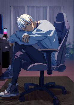 1boy chair choker commentary_request computer_keyboard curtains desk full_body highres ibrahim_(nijisanji) indoors knee_up long_sleeves looking_at_viewer magurosamm male_focus microphone monitor nijisanji on_chair pants rgb_lights rug shoes short_hair sitting sneakers solo virtual_youtuber white_hair wooden_floor