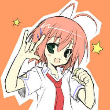1girl :d \m/ antenna_hair blush_stickers bra-ban! clenched_hand collared_shirt commentary_request dress_shirt ebihara_minase green_eyes hair_ornament hairclip hands_up looking_at_viewer lowres medium_hair muririn necktie official_artist_extra open_mouth orange_background outline parallel_hairclips pink_hair red_necktie seikan_hikou shirt short_sleeves simple_background sketch smile solo star_(symbol) upper_body white_outline white_shirt