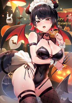 1girl absurdres alternate_costume arm_under_breasts balloon black_choker black_hair black_leotard black_thighhighs blush breasts candy choker colored_inner_hair ellen_joe fins fish_tail food halloween halloween_costume happy_halloween highres holding holding_candy holding_food holding_lollipop holding_pitchfork horns jack-o&#039;-lantern large_breasts leotard lollipop maid_headdress multicolored_hair pitchfork red_eyes red_hair shark_girl shark_tail sharp_teeth short_hair skindentation solo spiked_choker spikes tail teeth thighhighs thighs wrist_cuffs yuzuyu010 zenless_zone_zero