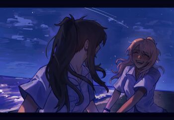 Rule 34 | 2girls, beach, black hair, blonde hair, blue shirt, blue sky, blue theme, blush, bracelet, breasts, class of 09, closed eyes, cloud, earrings, eyelashes, hair bun, jecka (class of 09), jewelry, long hair, looking at another, medium breasts, multiple girls, nicole (class of 09), night, ocean, open mouth, ponytail, shirt, shooting star, short sleeves, sidelocks, sky, smile, star (sky), teeth, turning head, upper body, walkingdownthestairs