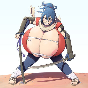 1girl absurdres areola_slip blue_hair blush breasts cleavage female_focus fingerless_gloves full_body gigantic_breasts gloves highres katana looking_at_viewer manyuu_chifusa manyuu_hikenchou medium_hair ponytail sandals scarf skindentation solo sugarbugtrash sword toes weapon yellow_eyes