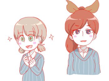 Rule 34 | 2girls, aki (girls und panzer), aqclk, blue eyes, blue sweater, bow, brown hair, collared shirt, girls und panzer, girls und panzer phase erika, green eyes, hair bow, keizoku school uniform, lili (girls und panzer), long hair, long sleeves, multiple girls, ponytail, school uniform, shirt, short hair, short twintails, smile, sparkle, sweater, twintails, white hair, white shirt