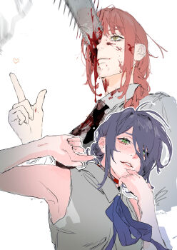 2girls armpits black_necktie blood blood_on_clothes blood_on_face bloody_weapon braid braided_ponytail chainsaw chainsaw_devil chainsaw_man choker green_eyes hair_bun hair_over_eyes highres makima_(chainsaw_man) multiple_girls necktie pointing ponytail purple_hair purple_ribbon red_choker red_hair reze_(chainsaw_man) ribbon ringed_eyes sankomichi simple_background single_hair_bun sleeveless weapon white_background