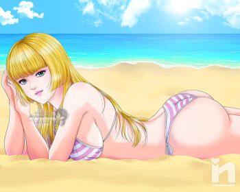 1girl ass beach bikini blonde_hair blue_eyes breasts emilie_de_rochefort large_breasts lips long_hair looking_at_viewer lying ocean on_stomach sand saotome_nanda swimsuit tekken thong_bikini water