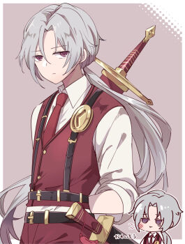 1boy arm_behind_back chibi chibi_inset collared_shirt commentary_request expressionless grey_hair highres limbus_company long_hair looking_at_viewer lucio_(project_moon) male_focus marbornath necktie pants pink_eyes ponytail project_moon red_necktie red_pants red_vest shirt solo suspenders sword sword_on_back vest weapon weapon_on_back white_shirt