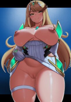 1girl blonde_hair breasts breasts_out circlet cleavage cleavage_cutout closed_mouth clothing_cutout commentary commission core_crystal_(xenoblade) dress elbow_gloves english_commentary evoltodraw gloves highres large_breasts lifting_own_clothes long_hair looking_at_viewer mythra_(xenoblade) nipples no_pussy pussy smile solo swept_bangs thigh_strap very_long_hair white_dress white_gloves xenoblade_chronicles_(series) xenoblade_chronicles_2 yellow_eyes