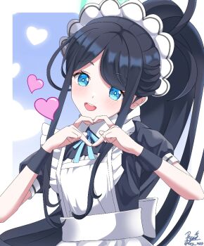 1girl :d apron aris_(blue_archive) aris_(maid)_(blue_archive) black_wrist_cuffs blue_archive blue_background blue_eyes blue_ribbon blush border commentary four-finger_heart_hands frilled_apron frills happy heart heart_hands jpeg_artifacts long_hair looking_at_viewer maid maid_apron maid_headdress neck_ribbon official_alternate_costume official_alternate_hairstyle open_mouth outside_border parted_bangs ponytail reymrd ribbon sidelocks signature simple_background smile solo teeth upper_body upper_teeth_only very_long_hair white_apron white_border wrist_cuffs