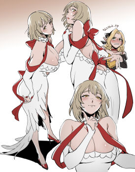 2girls ass backless_dress backless_outfit bare_shoulders black_dress black_ribbon blonde_hair braid breasts butt_crack choker cleavage clenched_teeth commentary_request detached_sleeves dress dungeon_meshi elf falin_touden feather_trim full_body furrowed_brow hair_ribbon high_heels highres large_breasts light_blush light_smile looking_at_another marcille_donato multiple_girls multiple_views orange_eyes parted_bangs parted_lips pointy_ears pumps red_choker red_ribbon red_shoes revealing_clothes ribbon shoes short_hair side_slit teeth twin_braids white_dress white_sleeves yumi_zua