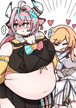 ... 2girls absurdres animal_ears aqua_hair bandaid bandaid_hair_ornament bell bell_earrings belly black_choker black_shirt black_skirt blonde_hair blush braid breasts choker cleavage closed_eyes crop_top detached_sleeves dress earrings face_against_breast fat fat_woman flower flower_on_head genshin_impact hair_ornament heart highres horn_ornament horns jewelry kagema long_hair looking_to_the_side lumine_(genshin_impact) medium_breasts multicolored_hair multiple_girls navel pink_hair plump purple_eyes shirt short_hair sidelocks skirt sleeveless sleeveless_shirt small_breasts spoken_ellipsis standing sweat twin_braids varesa_(genshin_impact) white_background white_dress