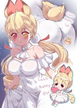 1girl absurdres alice_thymefield alternate_costume animal_ear_fluff animal_ears ascot ass bare_arms bare_shoulders blonde_hair blush braid breasts chibi chibi_inset clothing_cutout collarbone commentary covered_navel dress drill_hair english_commentary english_text erigo hair_ornament heart heterochromia highres large_breasts looking_at_viewer low_twintails multiple_views off-shoulder_dress off_shoulder outline rabbit_ears rabbit_girl rabbit_tail red_eyes skirt_hold solid_circle_eyes sphere_hair_ornament tail tail_through_clothes tail_wagging twin_drills twintails white_ascot white_dress white_outline yellow_eyes zenless_zone_zero