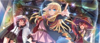 3girls :d ahoge arms_up auditorium belt belt_buckle black_cloak black_gloves black_hat black_robe black_skirt black_thighhighs blonde_hair blue_eyes braid brooch brown_belt brown_hair buckle child chuunibyou cloak collared_dress collared_shirt diagonal-striped_clothes diagonal-striped_necktie dress dress_shirt fingerless_gloves from_below game_cg gloves glowing glowing_eye hair_ornament hair_tie hairclip hand_over_eye hat highres hood hooded_cloak indoors iris_(konosuba) jewelry komekko kono_subarashii_sekai_ni_shukufuku_wo! konosuba!_fantastic_days light_blush light_rays long_hair looking_at_viewer megumin miniskirt multiple_girls necktie off_shoulder official_alternate_costume official_art open_mouth orange_necktie outstretched_arm patch patchwork_clothes pink_dress pleated_skirt red_eyes red_necktie red_prison_magic_school_uniform red_ribbon ribbon robe school school_uniform shade shirt short_dress short_hair short_hair_with_long_locks short_twintails side_braid sidelocks skirt smile star_(symbol) star_hair_ornament striped_clothes sunbeam sunlight suspender_skirt suspenders thighhighs twintails two-sided_robe two-tone_necktie v-shaped_eyebrows white_shirt wide_sleeves witch_hat zettai_ryouiki