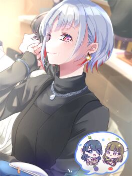 Rule 34 | 4girls, :d, black sweater, blue eyes, blue hair, braid, brown dress, brown hair, center-flap bangs, chain, chain necklace, chibi, chibi inset, closed mouth, commentary, dress, earrings, grey hair, hands clasped in delight, hashtag-only commentary, hasu no sora school uniform, highres, indoors, jewelry, kachimachi kosuzu, link! like! love live!, long sleeves, looking at viewer, love live!, multicolored hair, multiple girls, murano sayaka, neckerchief, necklace, open mouth, own hands together, pink eyes, profile, red neckerchief, red streaks, sailor collar, sailor dress, sakari (pear 8 ll), school uniform, short hair, side ahoge, side braids, sleeves past wrists, smile, solo focus, spoken character, star (symbol), star earrings, streaked hair, sweater, teardrop necklace, turtleneck, turtleneck sweater, virtual youtuber, white sailor collar, winter uniform, yugiri tsuzuri, yugiri tsuzuri (post-graduation)