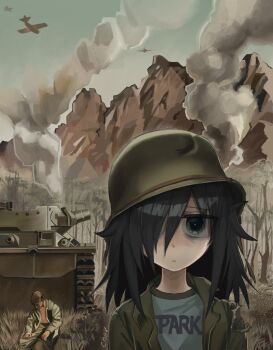 1boy 1girl aircraft airplane army artist_name chev green_eyes hair_over_one_eye helmet highres kuroki_tomoko military_vehicle motor_vehicle mountain smoke source_request tagme tank thousand_yard_stare watashi_ga_motenai_no_wa_dou_kangaetemo_omaera_ga_warui!