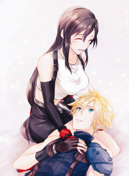 1boy 1girl absurdres armor bare_shoulders belt black_gloves black_hair black_skirt black_sleeves blonde_hair blue_eyes blue_sweater blush breasts closed_eyes cloud_strife commentary_request couple crop_top detached_sleeves final_fantasy final_fantasy_vii fingerless_gloves gloves gradient_hair hand_on_another&#039;s_chest hetero highres lap_pillow large_breasts long_hair looking_at_another lying miniskirt mizuamememe multicolored_hair on_back open_mouth parted_lips pencil_skirt red_gloves ribbed_sweater shoulder_armor sitting skirt sleeveless sleeveless_turtleneck smile spiked_hair suspender_skirt suspenders sweater tank_top tifa_lockhart turtleneck turtleneck_sweater upper_body white_tank_top yokozuwari