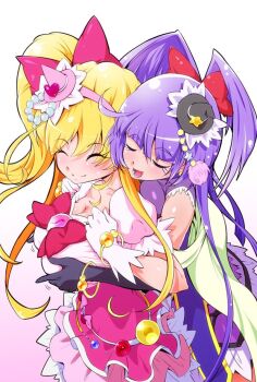 2girls asahina_mirai blonde_hair bow breasts cleavage closed_eyes closed_mouth commentary_request cure_magical cure_miracle dress gloves grabbing_another's_breast groping hair_bow hat hug hug_from_behind izayoi_liko large_breasts long_hair magical_girl mahou_girls_precure! mini_hat multiple_girls open_mouth precure purple_hair ryuuta_(cure_ryuuta) simple_background smile very_long_hair white_background