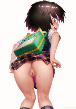 1girl animal_ears anus ass backpack bag black_hair blush bottomless carbon12th cat_ears cleft_of_venus clothes_lift embarrassed fat_mons female_focus from_behind leaning_forward loli looking_at_viewer looking_back marvel no_panties open_mouth peni_parker pussy school_uniform short_hair simple_background skirt skirt_lift solo spider-man:_into_the_spider-verse spider-man_(series) spider-verse thigh_gap third-party_edit uncensored whiskers white_background