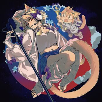 2girls ahoge animal_ears arcueid_brunestud blonde_hair blue_bow blue_flower blue_moon blue_skirt bow breasts cat_ears cat_girl cat_tail chibi chibi_inset cleavage crescent crescent_hair_ornament crescent_moon crop_top dual_persona fate/grand_order fate_(series) fingerless_gloves flower full_moon gloves hair_between_eyes hair_intakes hair_ornament haoyueyuzi head_tilt headphones highres holding holding_microphone_stand holding_wand hood hoodie kaleidostick leg_warmers magical_girl microphone_stand miniskirt moon multiple_girls navel neco-arc phantas-moon phantas-moon_(second_ascension) phantasm_rod pink_gloves pink_hoodie pink_thighhighs red_eyes red_moon short_hair skirt smile space_phantas-moon_another_christmas tail thighhighs thighs wand