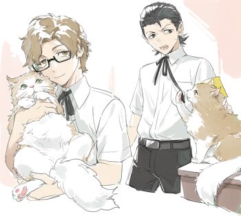 2boys animal armband belt belt_buckle black-framed_eyewear black_belt black_hair black_pants black_ribbon brown_eyes brown_hair buckle cat closed_mouth collared_shirt cropped_legs gekkoukan_high_school_uniform glasses hair_slicked_back hiraga_keisuke holding holding_animal holding_cat isa_(peien516) male_focus multiple_boys neck_ribbon odagiri_hidetoshi pants persona persona_3 petting ribbon school_uniform semi-rimless_eyewear shirt short_hair short_sleeves smile white_shirt wing_collar yellow_armband