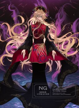 Rule 34 | 1girl, black dress, black eyes, blank eyes, blonde hair, chinese clothes, commentary, dalachi (headdress), dress, expressionless, floating hair, full body, hair between eyes, highres, junko (touhou), long hair, looking at viewer, nubezon, red tabard, solo, standing, tabard, touhou, very long hair, water, watermark