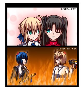 4girls absurdres anger_vein arcueid_brunestud artoria_pendragon_(fate) black_hair blonde_hair blue_eyes blue_hair breasts ciel_(tsukihime) fate/stay_night fate_(series) fire green_eyes hair_bun hair_ribbon highres holding holding_sword holding_weapon jewelry kamen_rider large_breasts looking_at_another multiple_girls necklace nun one_eye_closed red_eyes ribbon saber_(fate) sakurello shirt sword tohsaka_rin tsukihime tsukihime_(remake) twintails weapon white_shirt