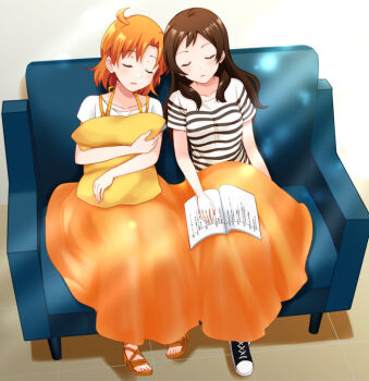 2girls ahoge blanket brown_hair closed_eyes couch full_body holding holding_pillow idolmaster idolmaster_million_live! kisaragi_ichigo kitazawa_shiho long_hair multiple_girls on_couch orange_hair pillow sandals shirt shoes short_sleeves side-by-side sitting sleeping striped_clothes striped_shirt yabuki_kana