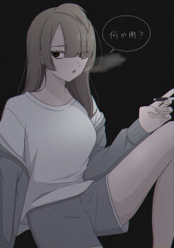 1girl 3se3es3 black_background blowing_smoke breasts cigarette commentary_request grey_jacket grey_shirt highres holding holding_cigarette jacket knee_up long_hair long_sleeves love_live! love_live!_school_idol_project minami_kotori open_clothes open_jacket shirt sitting smoking solo speech_bubble translation_request white_shirt