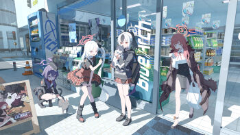 3d_background 4girls absurdres animal aru_(blue_archive) automatic_door backpack bag black_choker black_hair black_hoodie black_horns black_jacket black_shirt black_skirt blue_archive breasts bright_pupils brown_coat brown_horns cat choker coat coat_on_shoulders commentary convenience_store demon_horns demon_wings fanshuimucishen frilled_skirt frills fur-trimmed_coat fur_trim garrison_cap grey_halo hair_between_eyes hair_ornament hairclip halo haruka_(blue_archive) hat highres holding holding_animal holding_bag holding_receipt hood hoodie horns jacket kayoko_(blue_archive) large_breasts long_hair low_horns low_wings miniskirt multicolored_hair multiple_girls mutsuki_(blue_archive) neck_ribbon open_mouth orange_eyes orange_halo outdoors pink_hair plaid_clothes plaid_skirt plastic_bag problem_solver_68_(blue_archive) purple_eyes purple_hair purple_halo receipt red_eyes red_halo red_ribbon red_skirt ribbon road shirt shop side_ponytail sidewalk single_wing skirt squatting standing storefront thigh_strap two-tone_hair urban vending_machine white_hair white_pupils white_shirt wings