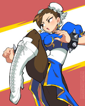 1girl :o artist_name boots bracelet brown_eyes brown_hair bun_cover capcom china_dress chinese_clothes chun-li double_bun dress earrings english_text fighting_stance hair_bun jewelry lace-up_boots open_mouth pantyhose patreon_username pelvic_curtain qewie sash short_hair solo spiked_bracelet spikes street_fighter thick_thighs thighs watermark web_address white_boots