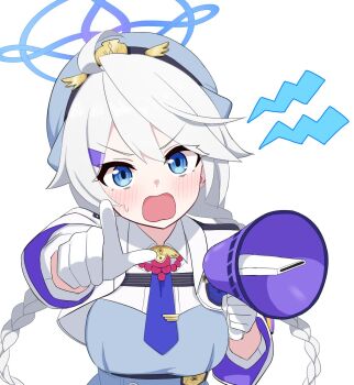 1girl blue_archive blue_eyes blue_halo blush gloves halo hat highres hururu_game kirino_(blue_archive) looking_at_viewer open_mouth police police_hat police_uniform policewoman simple_background solo speaker white_background white_gloves white_hair