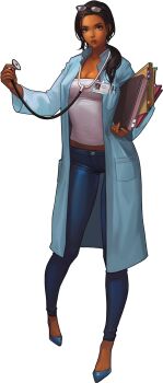 1girl absurdres accordion_folder artist_request black_hair black_survival blue_pants blue_shoes breasts cathy_huggins cleavage dark-skinned_female dark_skin eyewear_on_head folder glasses grey_eyes highres holding holding_folder id_card lab_coat midriff object_in_pocket official_art pants pen_in_pocket pocket ponytail shoes solo stethoscope third-party_source transparent_background