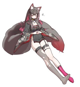 1girl absurdres animal_ears black_skirt blue_archive breasts brown_hair brown_tail closed_eyes fox_ears fox_girl fox_tail grey_thighhighs highres large_breasts long_hair multicolored_hair no_shoes pink_hair simple_background single_thighhigh skirt smsm516 solo tail thighhighs thighs two-tone_hair wakamo_(blue_archive) white_background