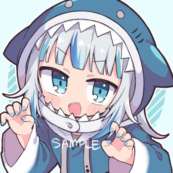 1girl :d animal_hood blue_background blue_border blue_eyes blue_hair blue_hoodie blue_nails blunt_bangs blush_stickers border claw_pose commentary_request drawstring gawr_gura grey_hair hands_up highres hololive hololive_english hood hood_up hoodie long_hair long_sleeves looking_at_viewer multicolored_hair nail_polish open_mouth outline outside_border richard_(richaball) round_border sample_watermark shark_hood sharp_teeth smile solo streaked_hair striped_background teeth two-tone_hair upper_body virtual_youtuber watermark white_outline wide_sleeves
