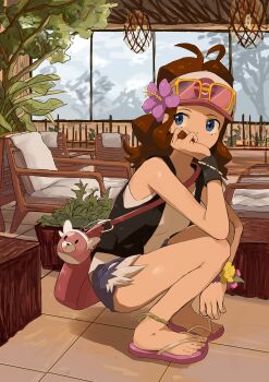 1girl absurdres bag bewear black_vest blue_eyes brown_hair ceiling_light commentary_request flip-flops flower from_side gen_7_pokemon hand_up highres hilda_(pokemon) indoors keina_(ke1na_h) long_hair looking_back nintendo plant playing_with_own_hair pokemon pokemon_bw purple_flower sandals shirt short_shorts shorts shoulder_bag sidelocks sleeveless sleeveless_shirt solo squatting sunglasses toes vest white_shirt window yellow-framed_eyewear