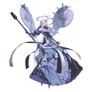 1girl ami_shido_(crymachina) bare_shoulders breasts circular_saw crymachina dress floating floating_object floating_weapon full_body halo hammer highres holding holding_weapon horns long_hair looking_at_viewer medium_breasts official_art pointy_ears purple_dress rolua saw science_fiction single_horn solo war_hammer weapon white_hair
