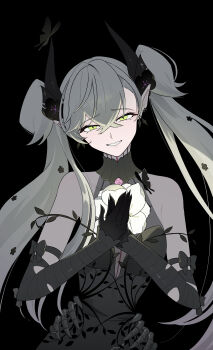 Rule 34 | 1girl, absurdres, bare shoulders, black dress, breasts, commentary request, demon horns, dress, fate/grand order, fate (series), flower, green eyes, highres, horns, lilith (celebratory attire) (fate), lilith (fate), long hair, looking at viewer, marumaru i mo, medium breasts, smile, twintails, white hair