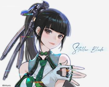 1girl black_choker black_hair blood_edge_(stellar_blade) blunt_bangs blush breasts brown_eyes choker closed_mouth copyright_name eve_(stellar_blade) fingerless_gloves glitch gloves goddess_of_victory:_nikke grey_background headgear high_ponytail highres korean_commentary lace lace_choker lips long_hair looking_at_viewer maya_(m4yatic) medium_breasts mole mole_on_cheek planet_diving_suit_(7th)_(stellar_blade) ponytail portrait simple_background smile solo stellar_blade twitter_username white_gloves