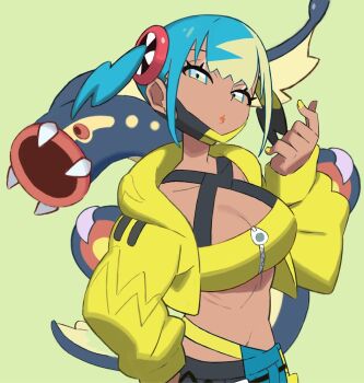 1girl aqua_hair bandeau black_mask blonde_hair blue_eyes breasts canari_(pokemon) cleavage colored_sclera commentary_request criss-cross_straps dark-skinned_female dark_skin eel eelektross fangs finger_heart fish gen_5_pokemon jacket lamprey large_breasts long_sleeves looking_at_viewer mask mask_pull mouth_mask multicolored_hair navel nintendo open_mouth pants pokemon pokemon_(creature) pokemon_legends:_z-a red_sclera short_twintails simple_background split-color_hair sports_bra twintails two-tone_hair two-tone_mask two-tone_pants yellow_bandeau yellow_jacket yellow_mask yellow_nails yellow_sports_bra yuuki_(irodo_rhythm)