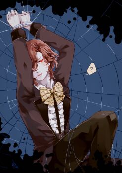 1boy arms_up black_jacket black_pants black_suit bound bound_wrists bow bowtie brown_hair commentary_request fangs feet_out_of_frame formal_clothes frilled_shirt frills gloves hair_over_one_eye highres jacket kotobuki_reiji lapels looking_to_the_side male_focus notched_lapels one_eye_covered pants parted_bangs parted_hair parted_lips red_eyes shirt sideways_glance sleeve_cuffs solo suit suit_jacket uta_no_prince-sama vampire white_gloves white_shirt xue_ezi
