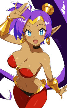 Rule 34 | 1girl, bandeau, big hair, blue eyes, bracer, breasts, choker, circlet, cleavage, collarbone, dark-skinned female, dark skin, earrings, from above, gold bracer, highres, hoop earrings, jewelry, long hair, looking at viewer, medium breasts, navel, o-ring, o-ring top, open mouth, pants, pointy ears, ponytail, purple hair, revenantart, shantae, shantae (series), signature, smile, solo, stomach, very long hair, white background