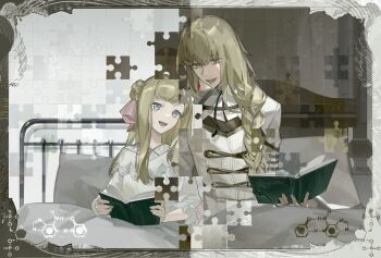 1boy 1girl :d absurdres bed blanket blonde_hair blue_eyes book border braid brother_and_sister brown_border buttons chemical_structure curtains double-breasted double_bun dress earrings eye_contact fang hair_bun hair_over_shoulder highres holding holding_book hospital_bed indoors jacket jewelry jigsaw_puzzle long_hair long_sleeves looking_at_another lucas_proust nadia_proust on_bed open_book open_mouth pillow puzzle puzzle_piece shuuen_no_virche siblings single_braid sitting smile split_screen tita_(titanaaaaa) under_covers upper_body white_border white_dress white_jacket wispy_bangs