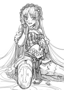 1girl baixiang1234567 blush breasts commentary_request dress fate/strange_fake fate_(series) francesca_prelati_(fate) greyscale hand_on_own_face headdress highres long_hair looking_at_viewer monochrome navel open_mouth ringed_eyes sharp_teeth simple_background sitting small_breasts smile solo stomach teeth very_long_hair