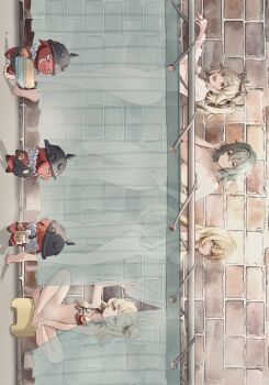 4girls alternate_hairstyle blonde_hair breasts brick_wall bricky_(zenless_zone_zero) burnice_white caesar_king_(zenless_zone_zero) censored commentary_request completely_nude convenient_censoring curtain_censoring curtains eyewear_on_head grassy_(zenless_zone_zero) green_eyes grey_hair hair_between_eyes hair_bun hair_intakes highres indian_style large_breasts long_hair luciana_de_montefio multiple_girls nude open_mouth petite pinjirooo piper_wheel red_eyes same-sex_bathing see-through_curtains shared_bathing short_hair shower_(place) shower_curtain showering sitting soap_bubbles sunglasses twintails woody_(zenless_zone_zero) yellow_eyes zenless_zone_zero