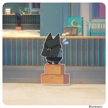 1girl animal_ears black_hair black_pantyhose black_skirt border box box_stack cardboard_box chibi commentary english_commentary flying_sweatdrops fox_ears fox_girl from_behind game_screenshot_inset green_jacket highres hoshimi_miyabi jacket long_hair on_box outline pantyhose skirt solo standing twitter_username unosaki2 white_border white_outline zenless_zone_zero